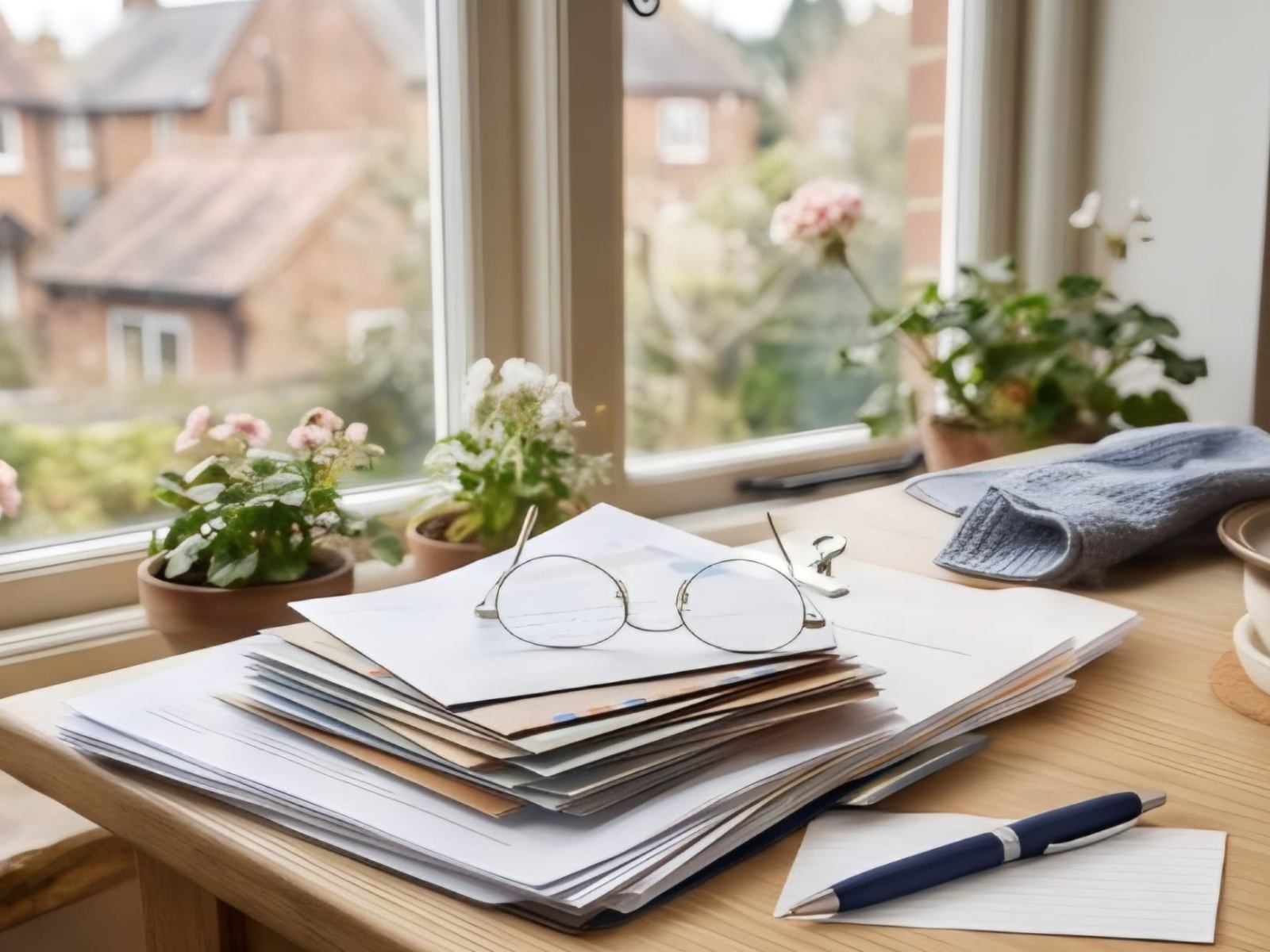 A stack of mail and paperwork with reading glasses on top, a pen on a lined card, and potted flowers by a sunny window