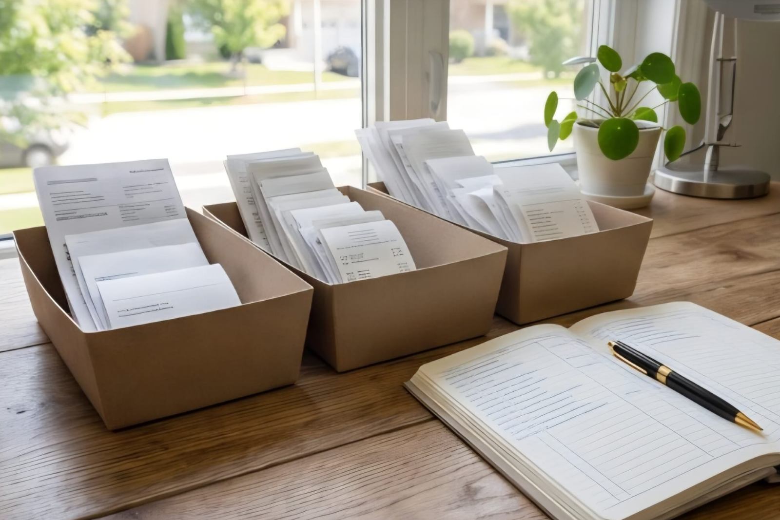 Three cardboard boxes of sorted receipts and invoices beside an open ledger with a pen, on a wooden desk by a window