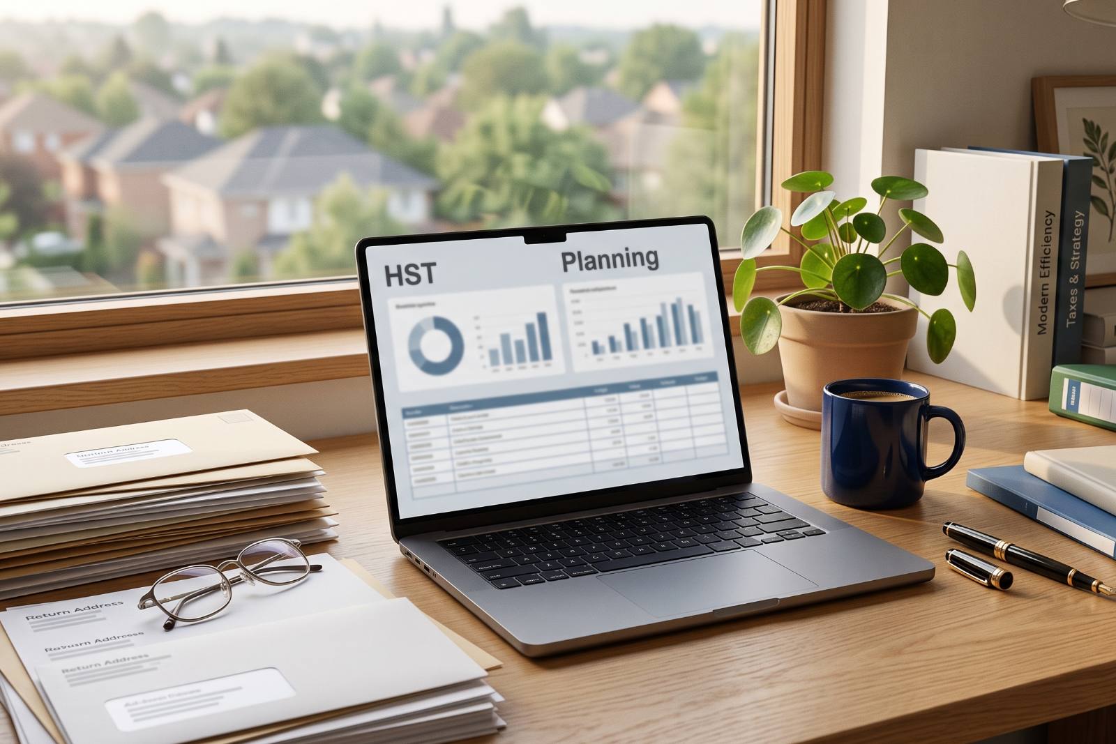 A laptop showing sales-tax charts on a wooden desk by a window, beside stacks of envelopes, glasses, a mug, a plant and binders
