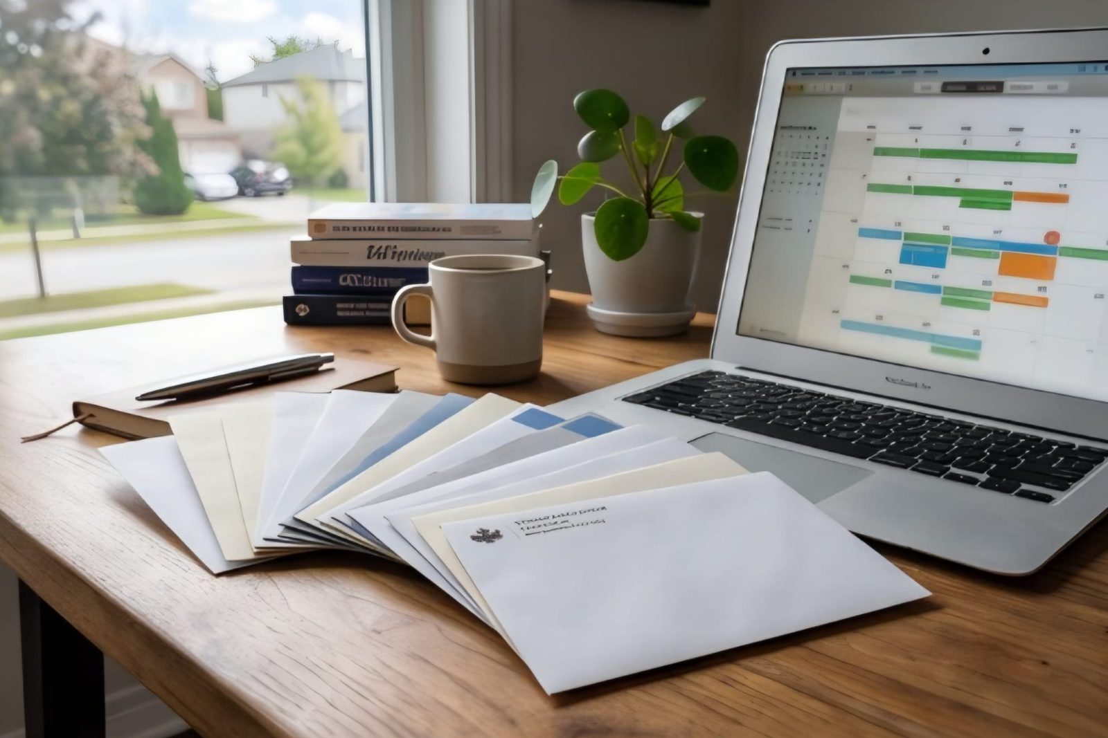A fan of envelopes beside a laptop showing a monthly calendar, with a notebook, pen, mug and plant on a wooden desk